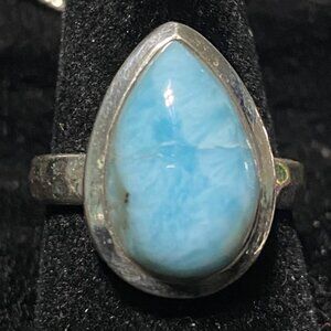 Ring Teardrop Larimar Cabochon 3.345 Carats Size 7.5 Sterling Silver Stamped 925